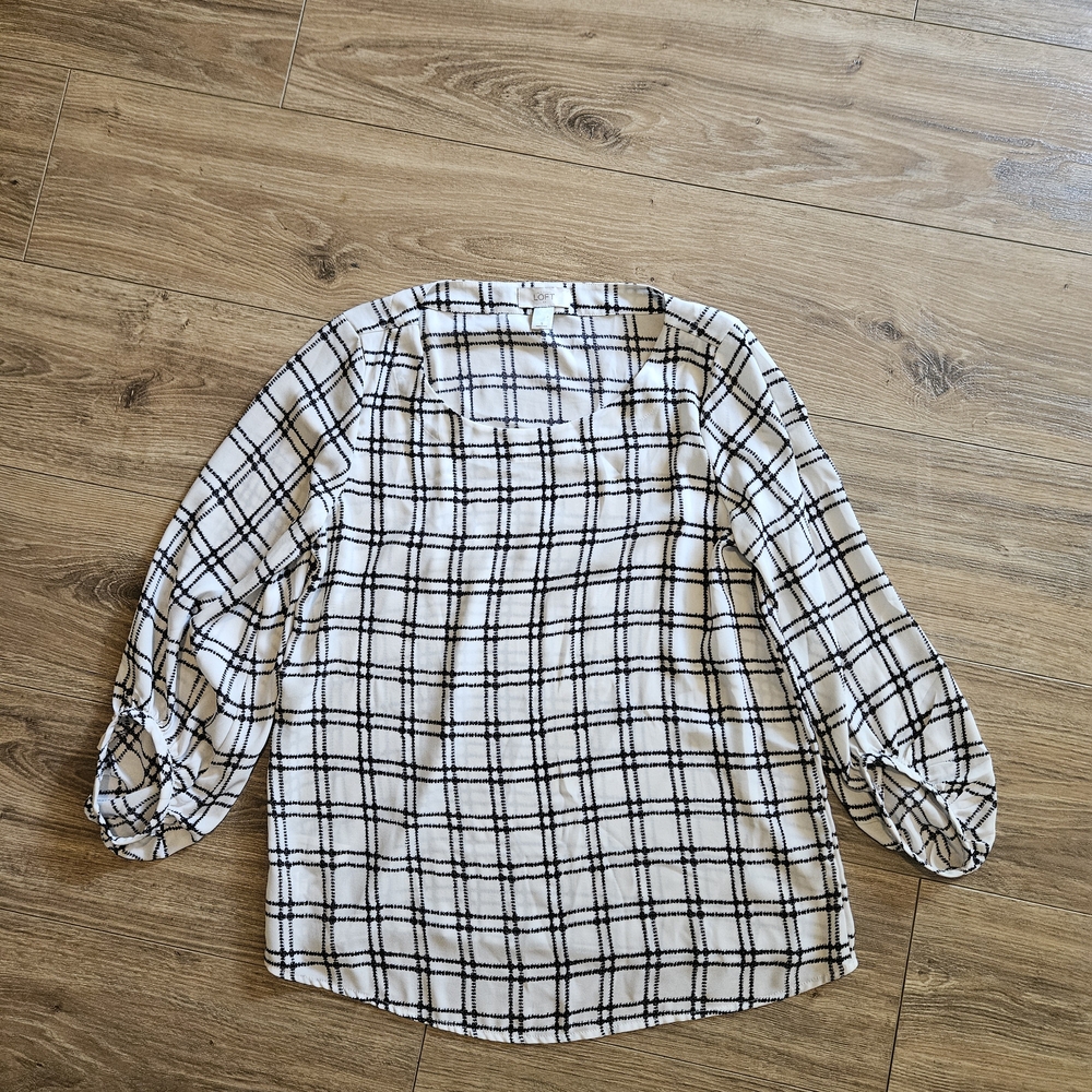 LOFT Black and White Grid Blouse - Picture 6 of 7